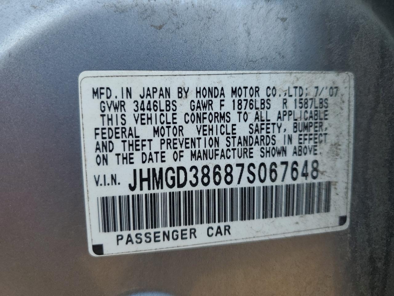 2007 Honda Fit S VIN: JHMGD38687S067648 Lot: 64657345