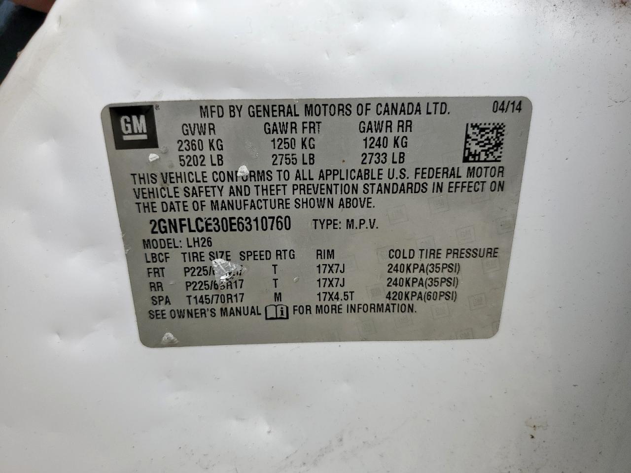 2014 Chevrolet Equinox Lt VIN: 2GNFLCE30E6310760 Lot: 63714485