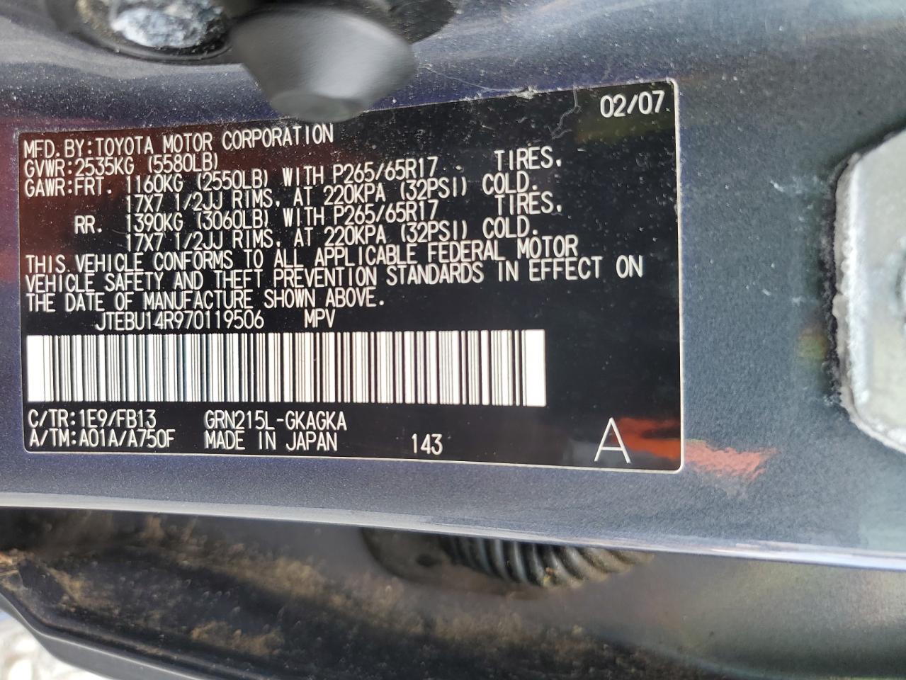 2007 Toyota 4Runner Sr5 VIN: JTEBU14R970119506 Lot: 63125115