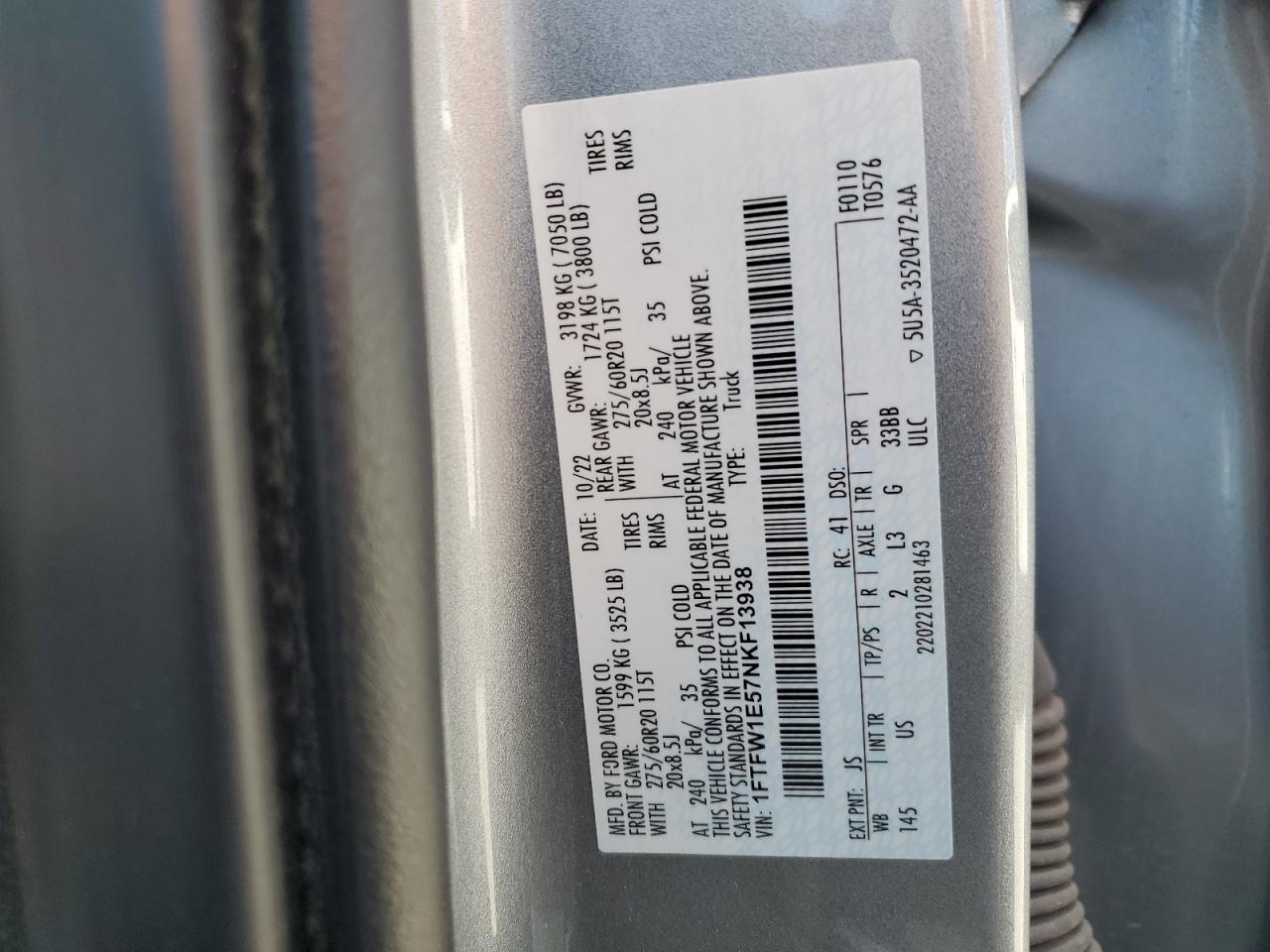 2022 Ford F150 Supercrew VIN: 1FTFW1E57NKF13938 Lot: 63041805