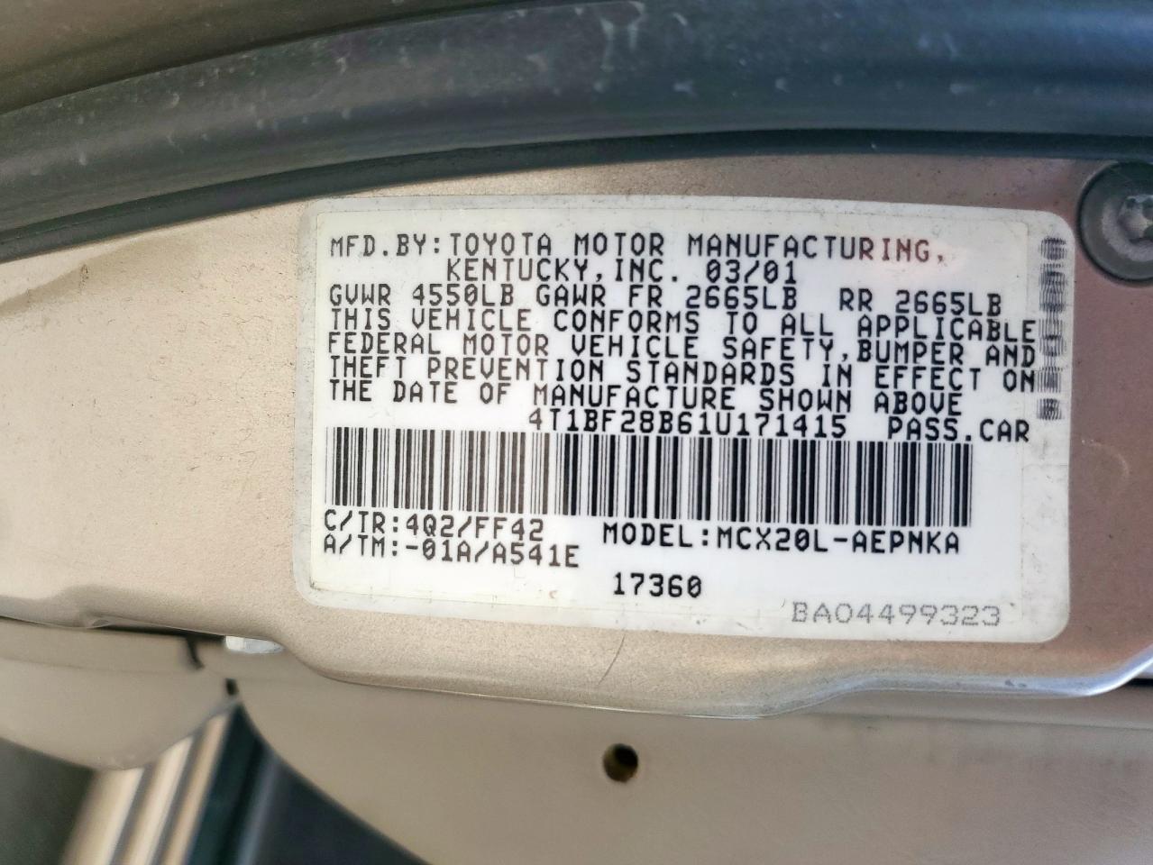 2001 Toyota Avalon Xl VIN: 4T1BF28B61U171415 Lot: 64669515
