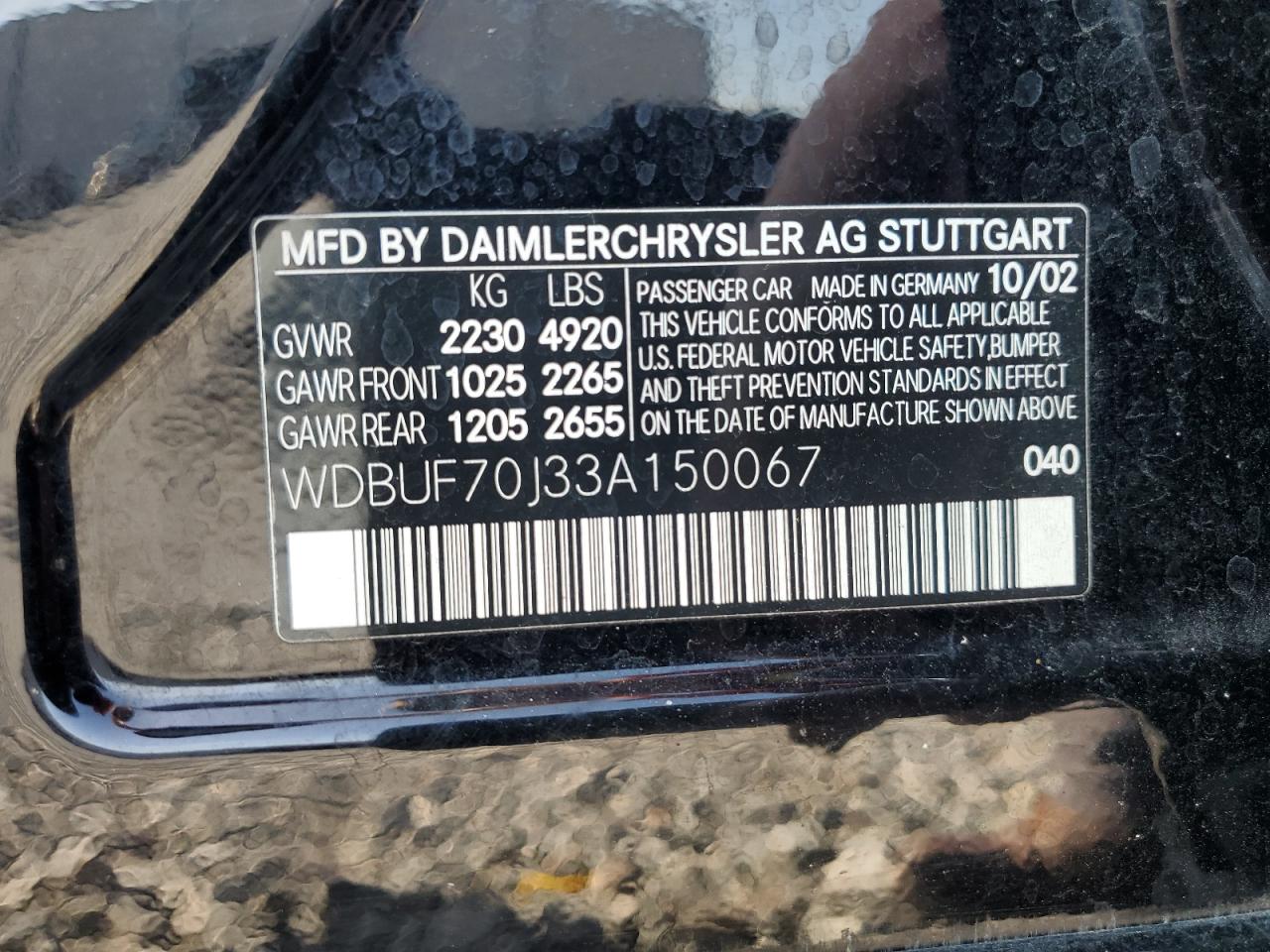 2003 Mercedes-Benz E 500 VIN: WDBUF70J33A150067 Lot: 65071075