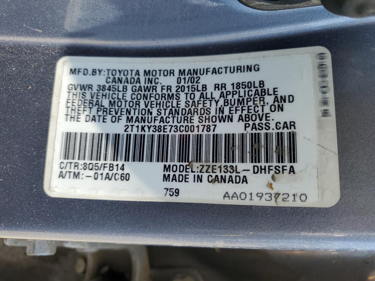 2003 Toyota Corolla Matrix Xrs VIN: 2T1KY38E73C001787 Lot: 65576985