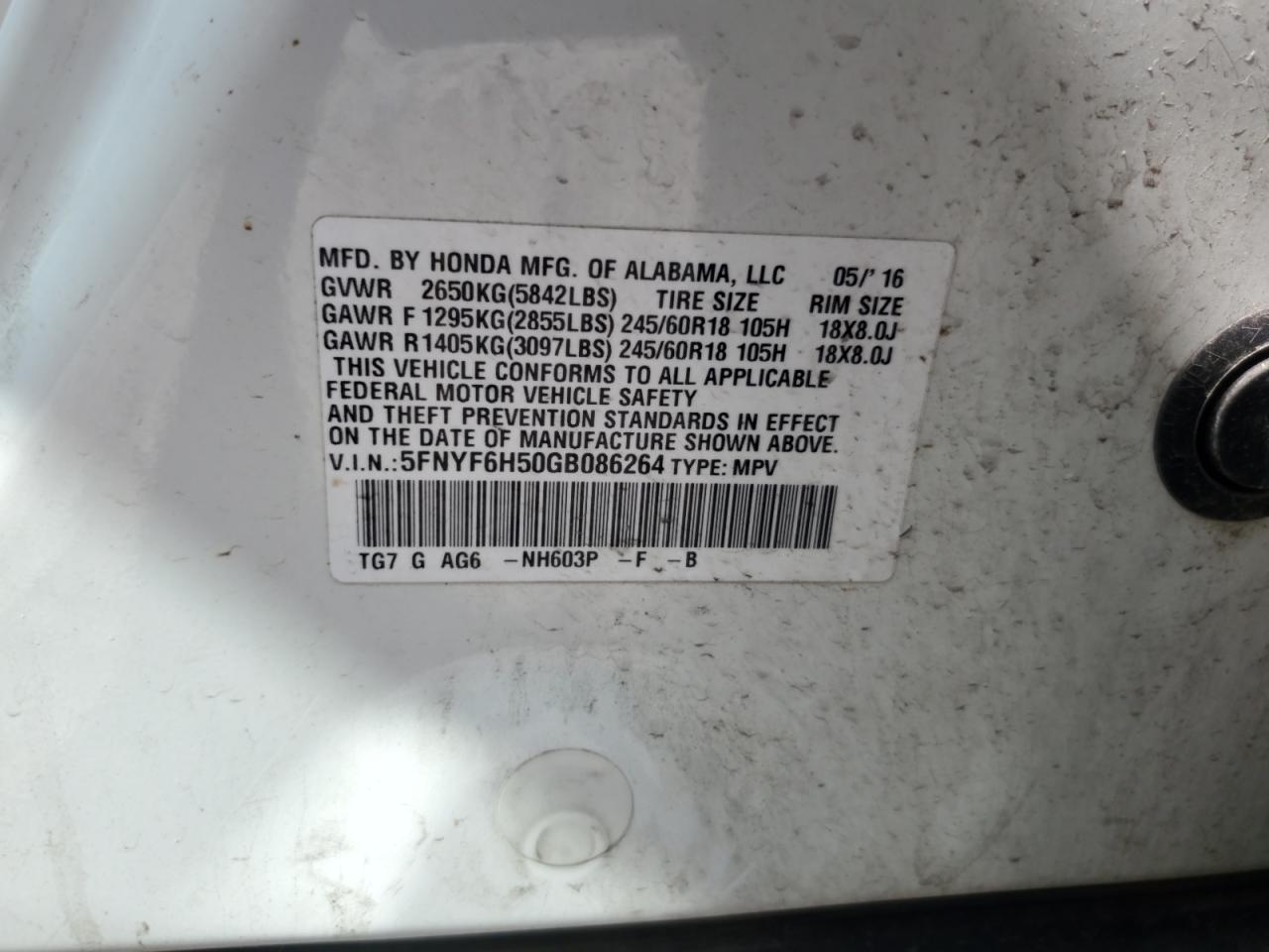 2016 Honda Pilot Exl VIN: 5FNYF6H50GB086264 Lot: 64984505