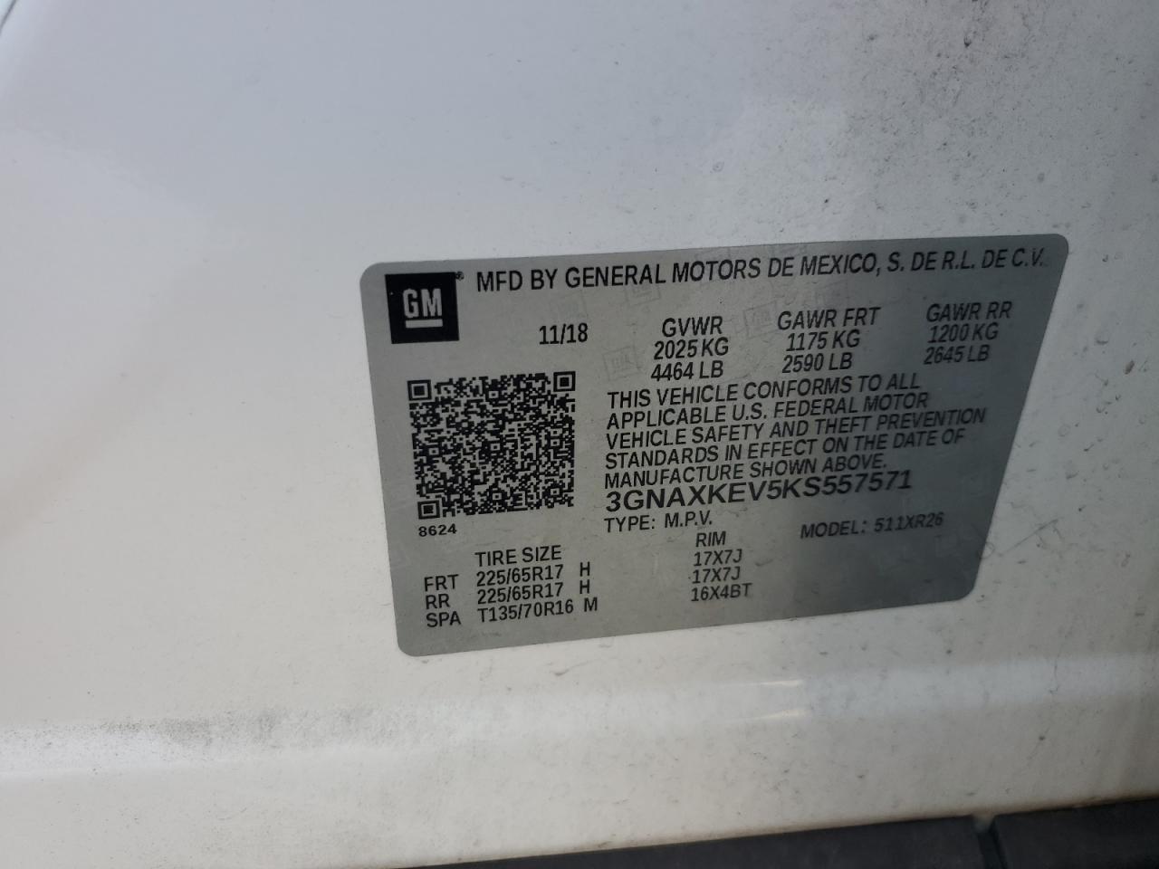 2019 Chevrolet Equinox Lt VIN: 3GNAXKEV5KS557571 Lot: 66224395