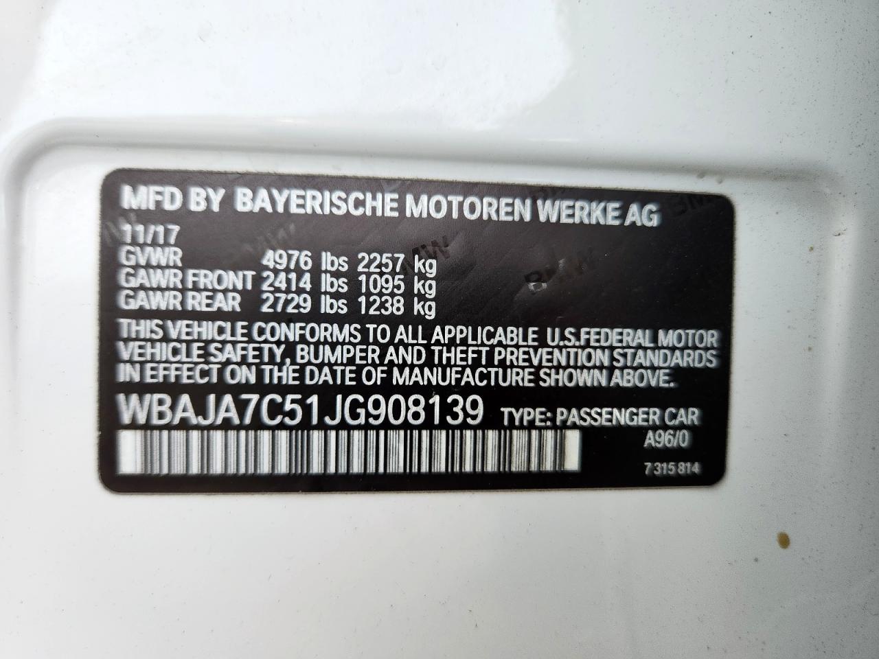 2018 BMW 530 Xi VIN: WBAJA7C51JG908139 Lot: 63939305