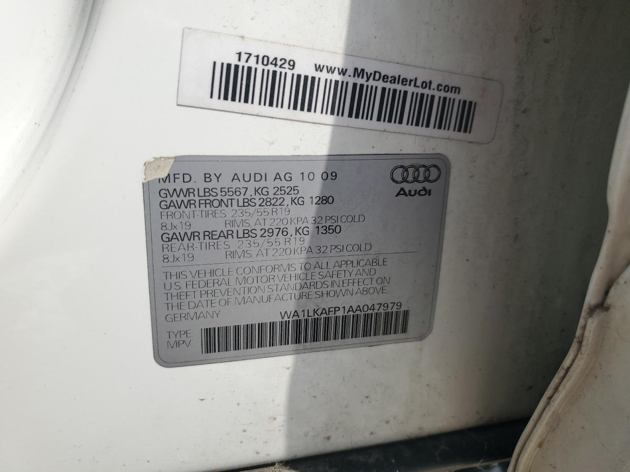 2010 Audi Q5 Premium Plus VIN: WA1LKAFP1AA047979 Lot: 63057815