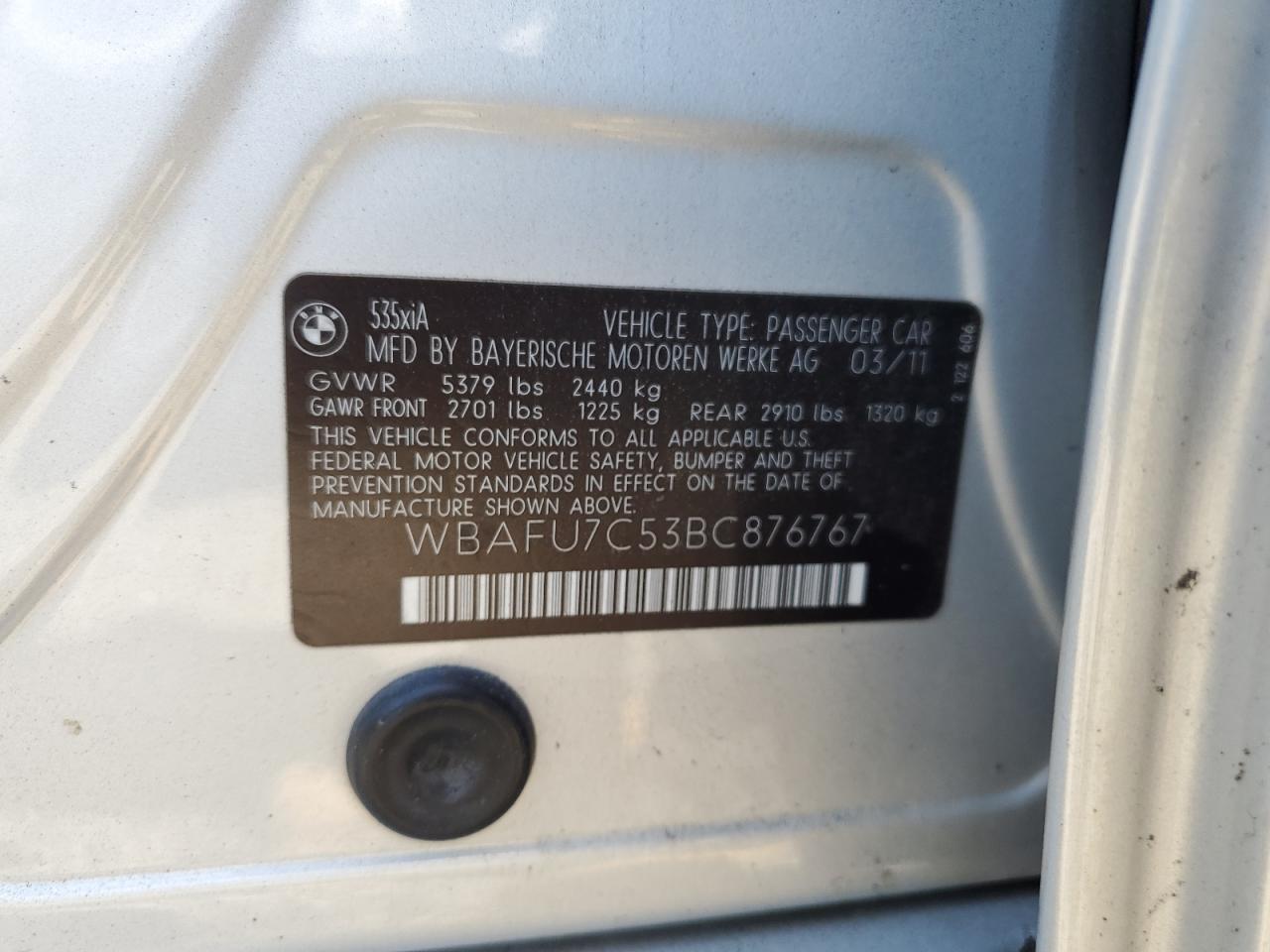 2011 BMW 535 Xi VIN: WBAFU7C53BC876767 Lot: 64985835