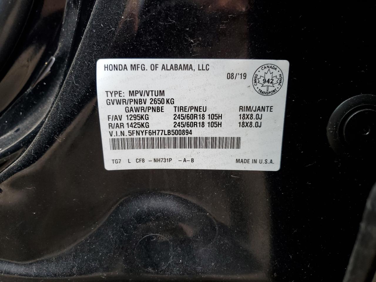 2020 Honda Pilot Black VIN: 5FNYF6H77LB500894 Lot: 63763245