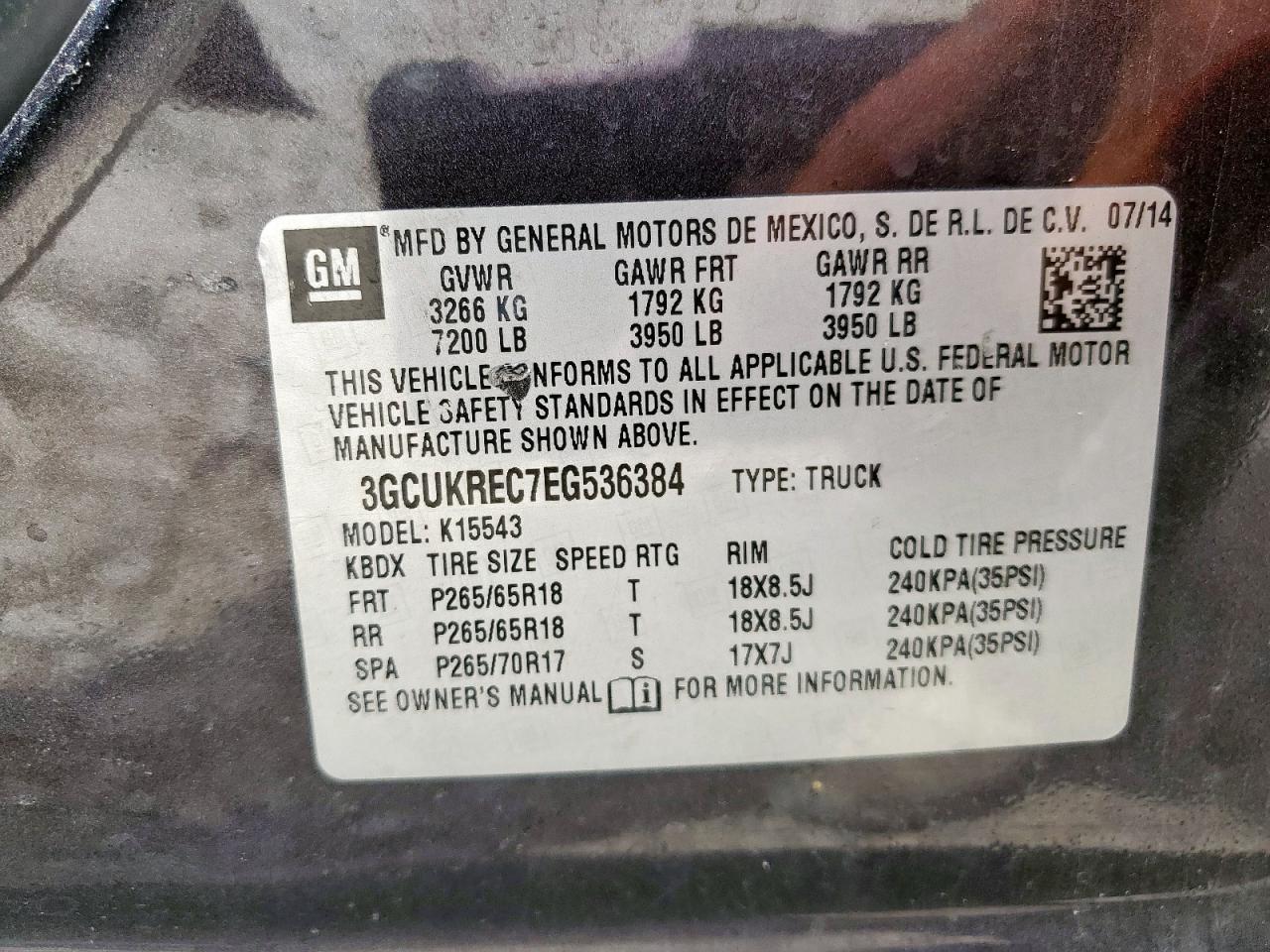 2014 Chevrolet Silverado K1500 Lt VIN: 3GCUKREC7EG536384 Lot: 65557225