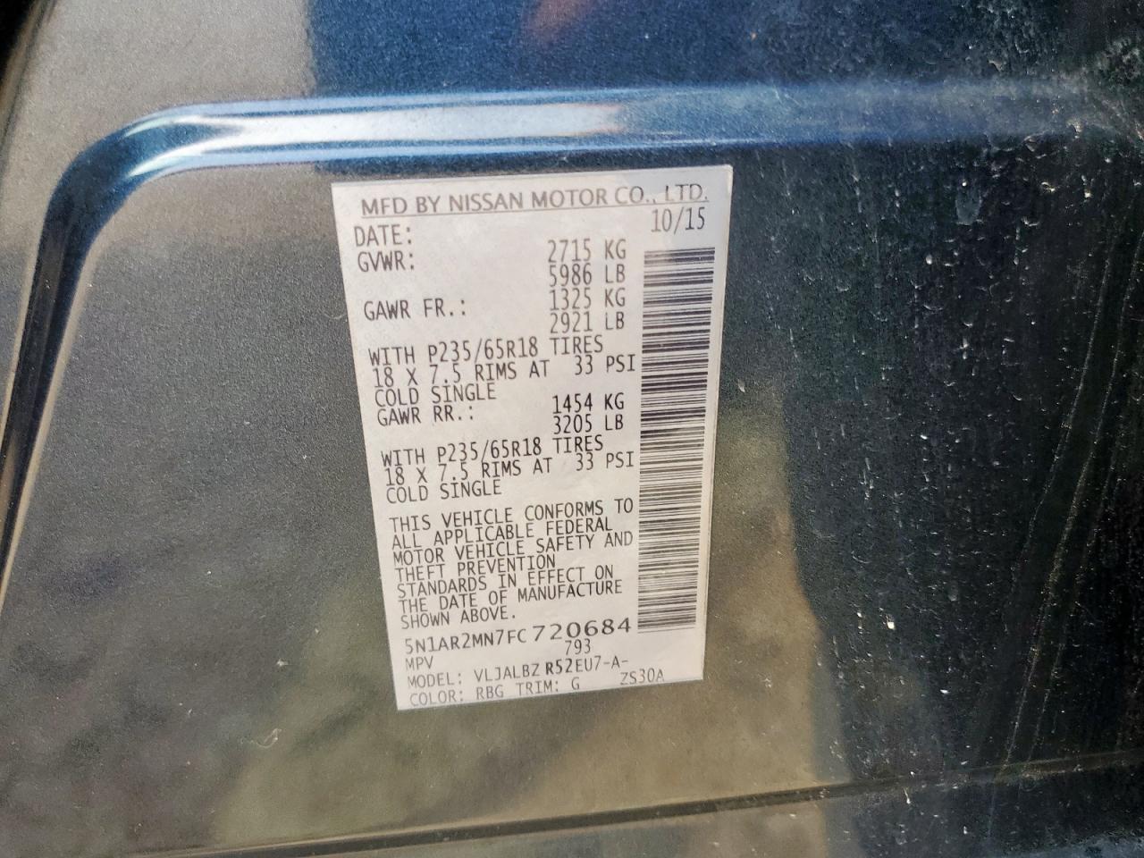 2015 Nissan Pathfinder S VIN: 5N1AR2MN7FC720684 Lot: 64805085