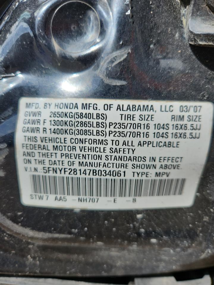 2007 Honda Pilot Lx VIN: 5FNYF28147B034061 Lot: 65040695