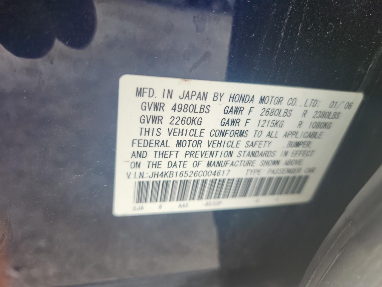 2006 Acura Rl VIN: JH4KB16526C004617 Lot: 63471175