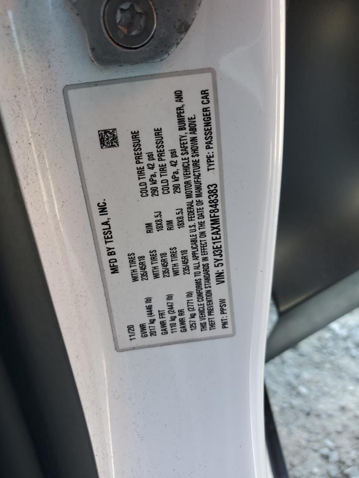 2021 Tesla Model 3 VIN: 5YJ3E1EAXMF848383 Lot: 63337715