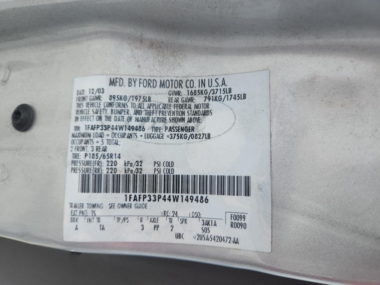 2004 Ford Focus Lx VIN: 1FAFP33P44W149486 Lot: 64574755