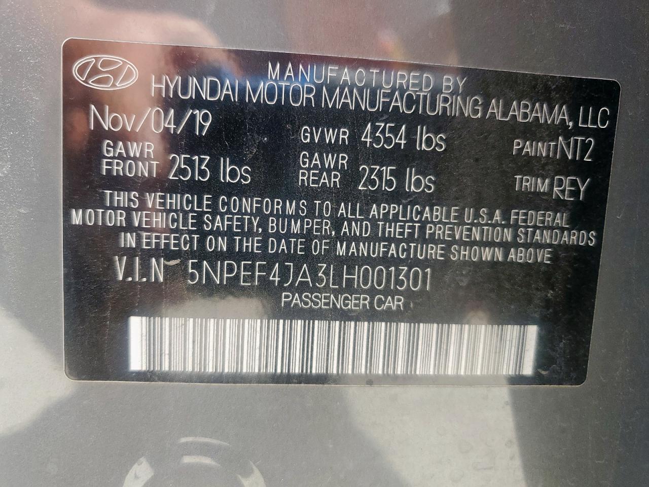 2020 Hyundai Sonata Sel VIN: 5NPEF4JA3LH001301 Lot: 65177595