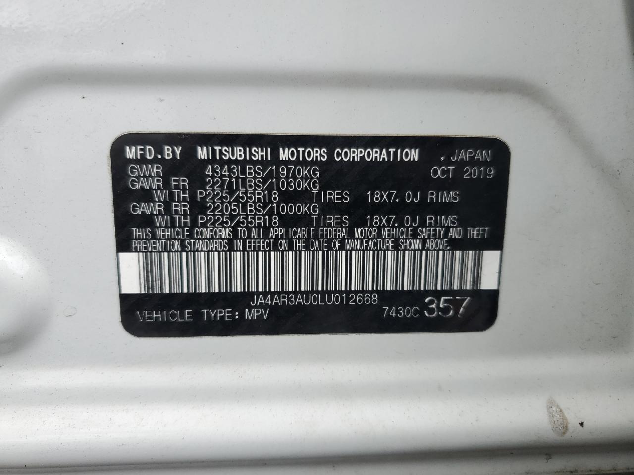 2020 Mitsubishi Outlander Sport Es VIN: JA4AR3AU0LU012668 Lot: 64676145