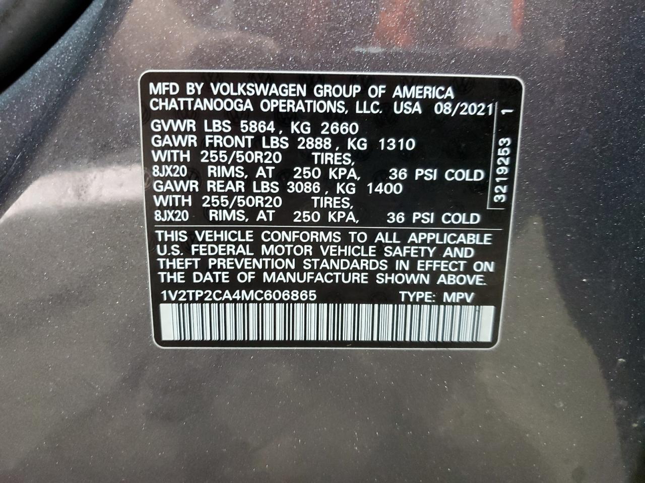 2021 Volkswagen Atlas Sel Premium VIN: 1V2TP2CA4MC606865 Lot: 64313125
