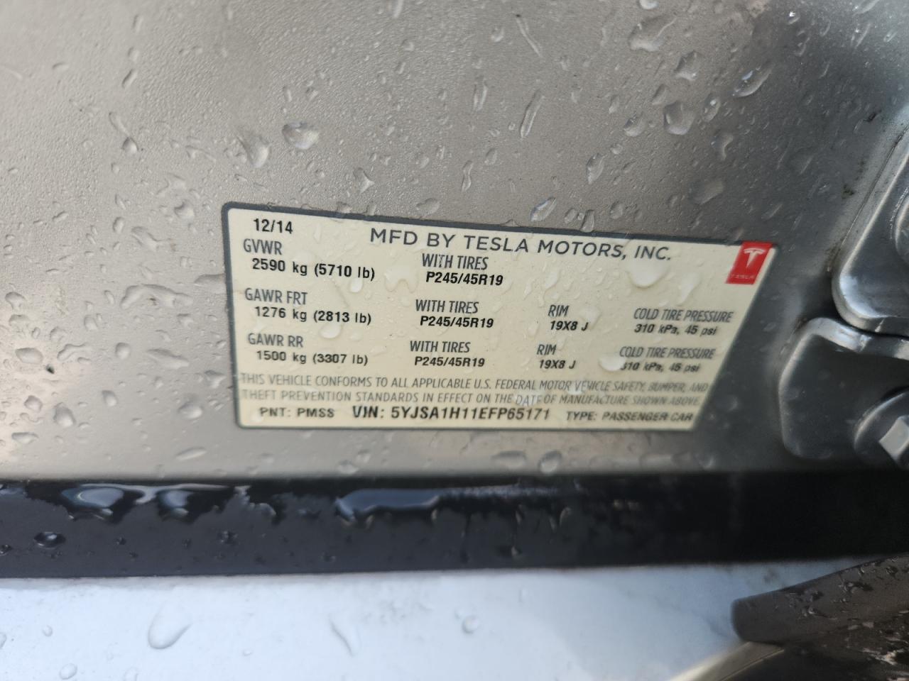 2014 Tesla Model S VIN: 5YJSA1H11EFP65171 Lot: 65931255