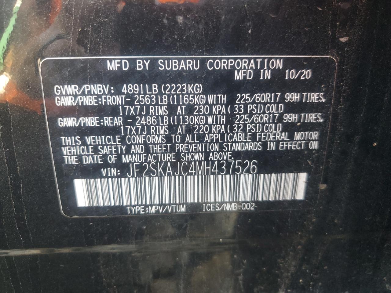 2021 Subaru Forester Premium VIN: JF2SKAJC4MH437526 Lot: 64376205