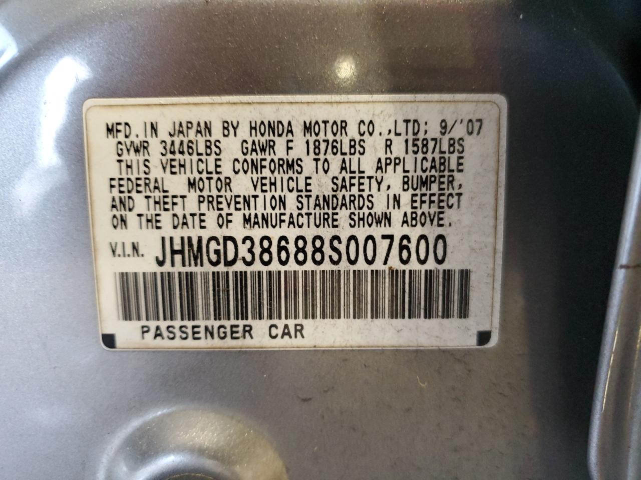 2008 Honda Fit Sport VIN: JHMGD38688S007600 Lot: 64751755
