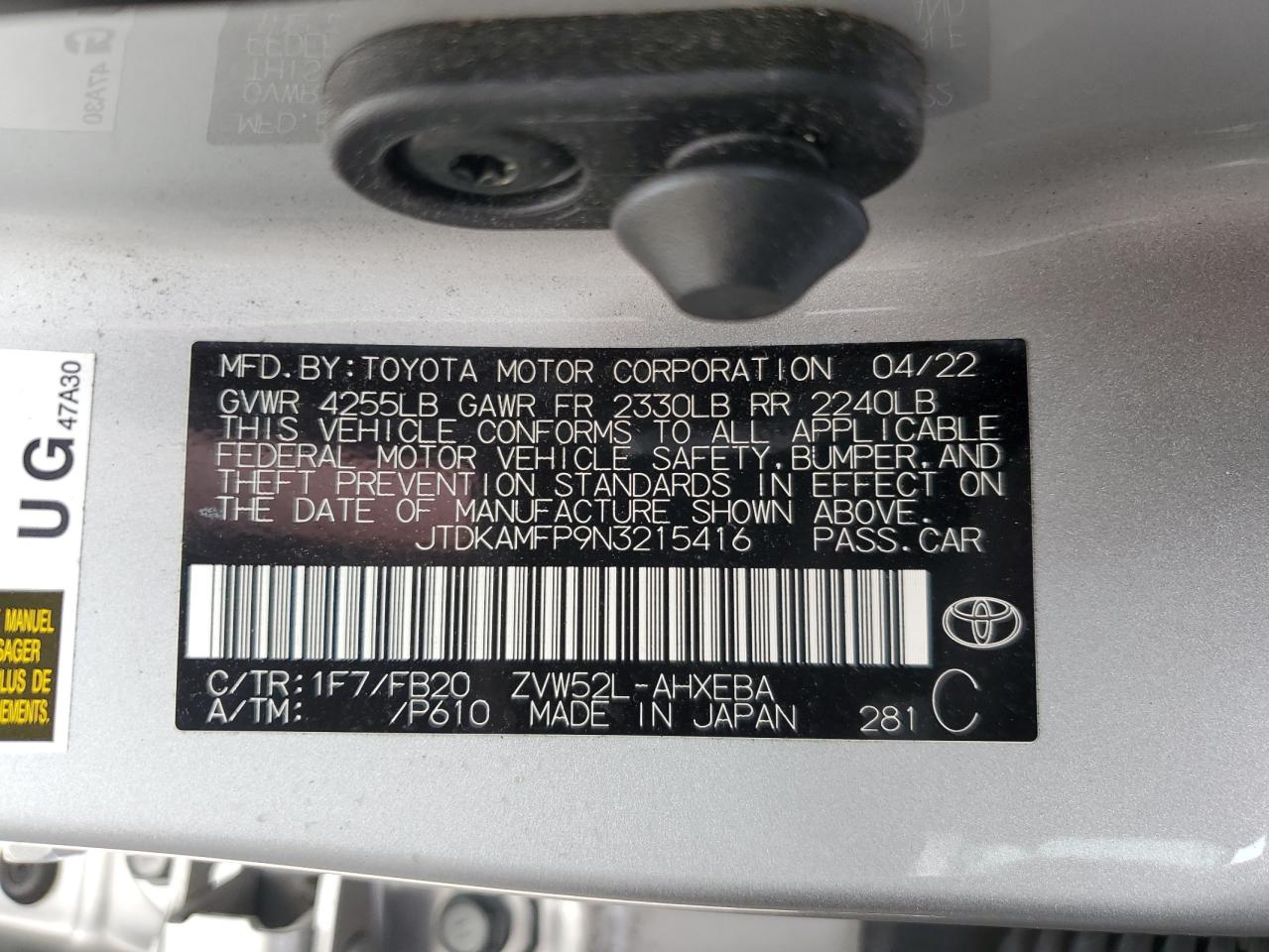 2022 Toyota Prius Prime Le VIN: JTDKAMFP9N3215416 Lot: 63411695