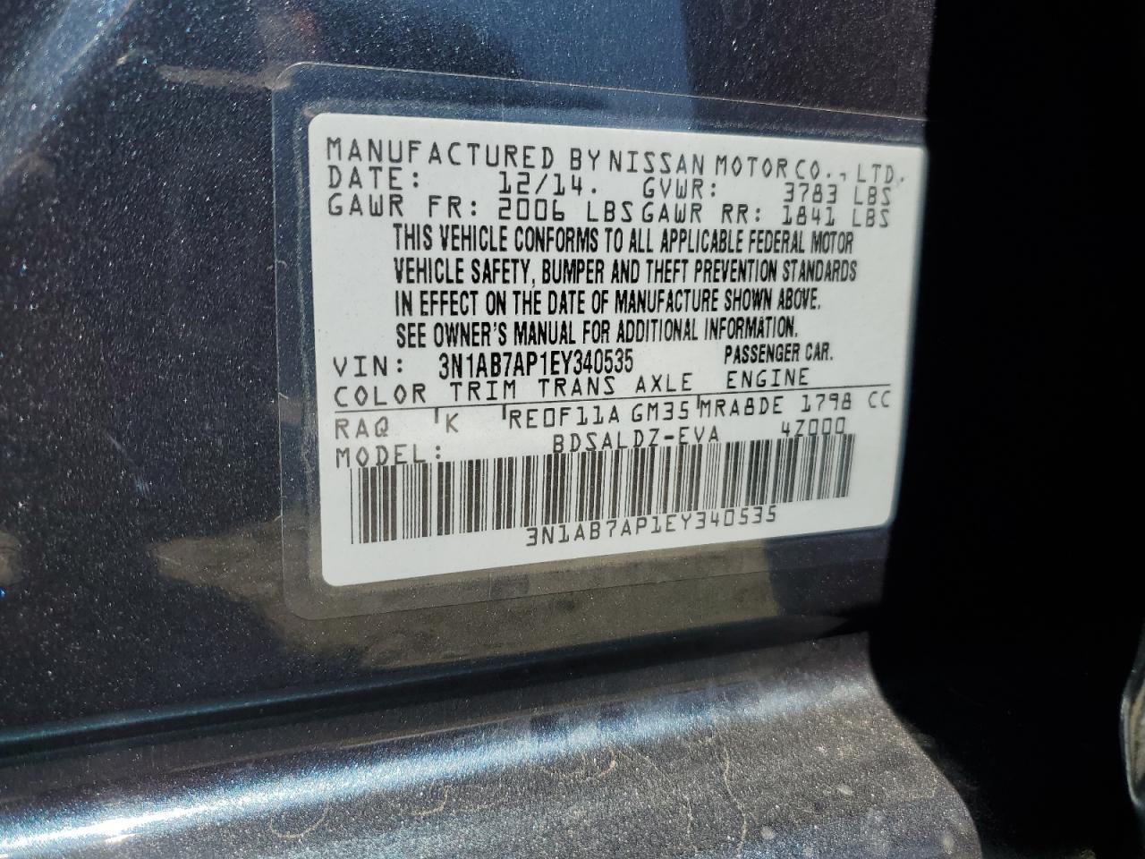 2014 Nissan Sentra S VIN: 3N1AB7AP1EY340535 Lot: 63127485