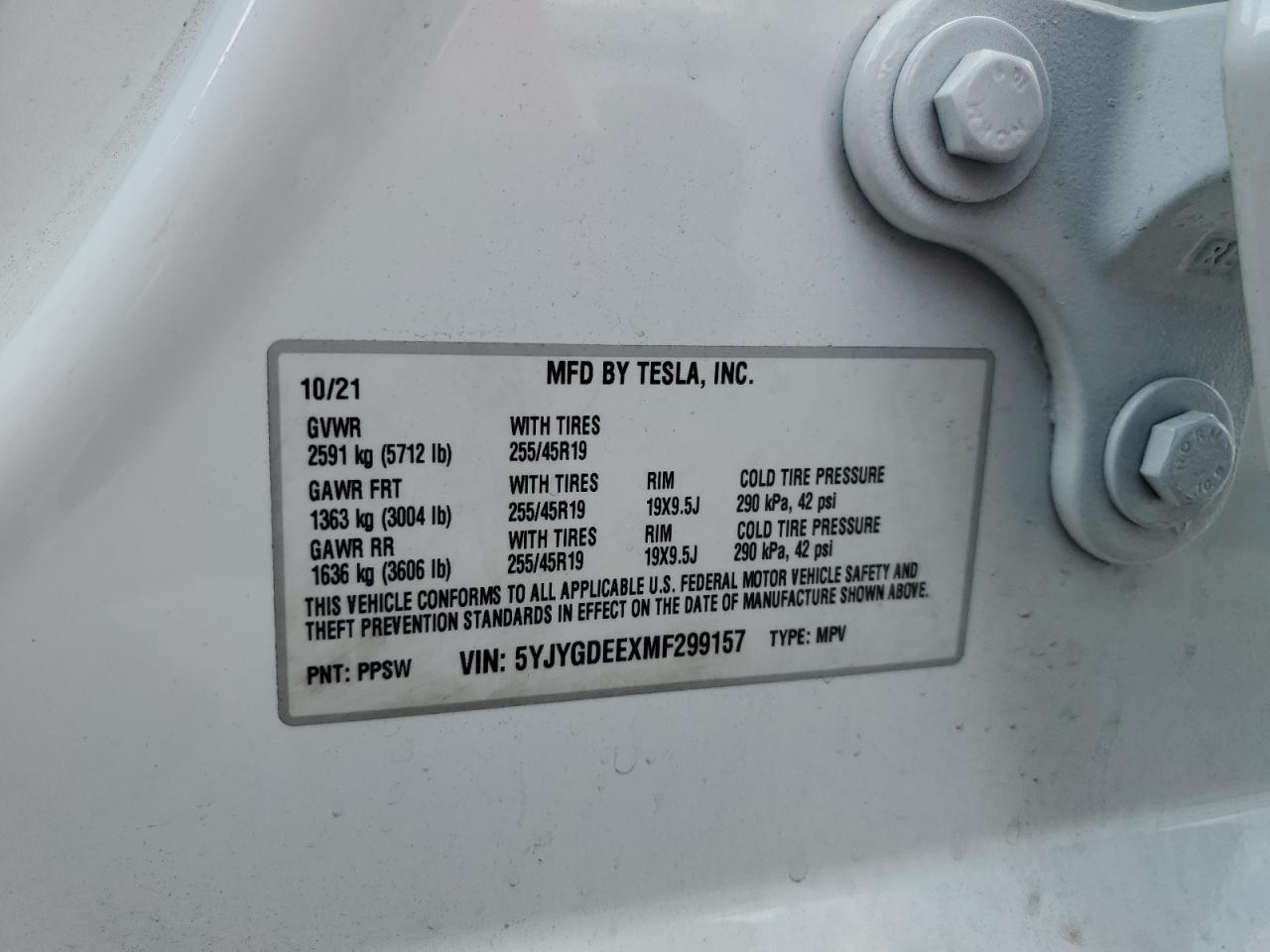2021 Tesla Model Y VIN: 5YJYGDEEXMF299157 Lot: 63299075