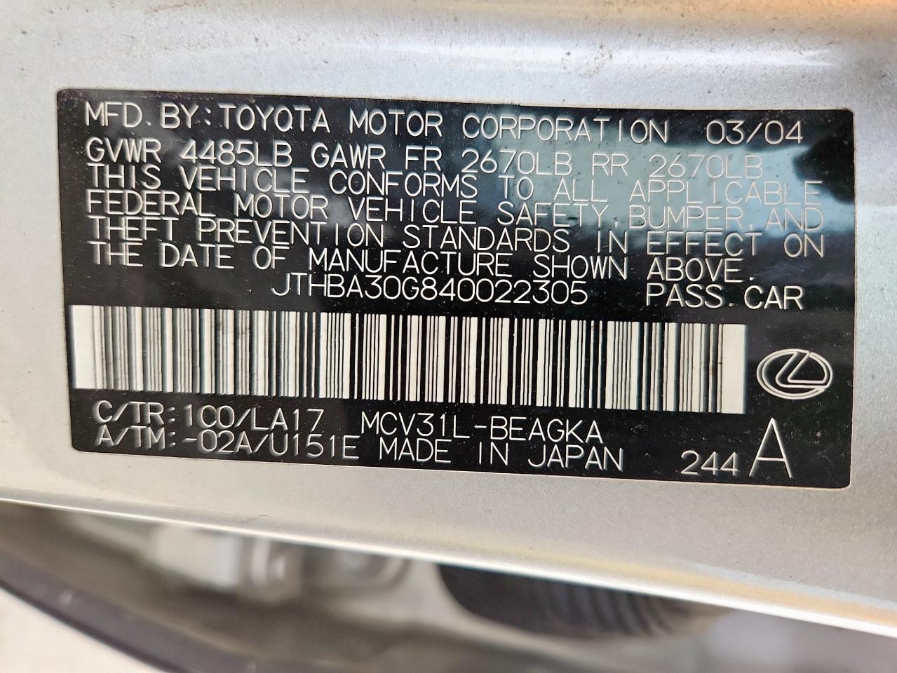 2004 Lexus Es 330 VIN: JTHBA30G840022305 Lot: 64996115