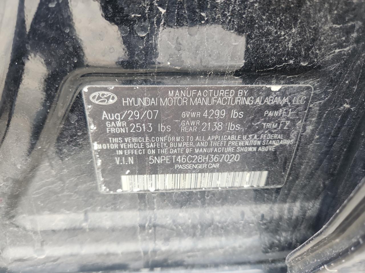 5NPET46C28H367020 2008 Hyundai Sonata Gls