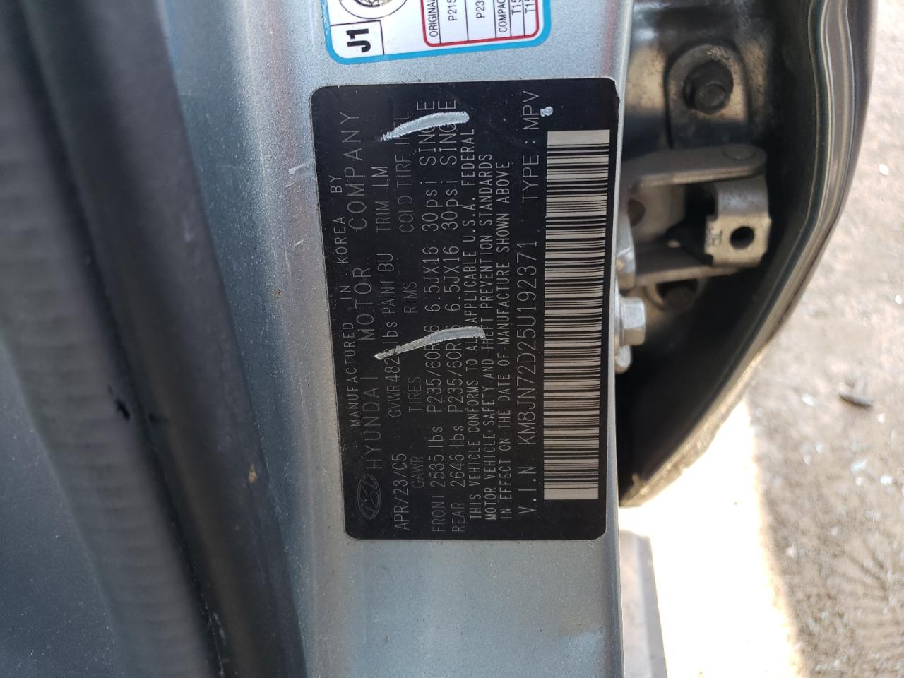 2005 Hyundai Tucson Gls VIN: KM8JN72D25U192371 Lot: 62861705