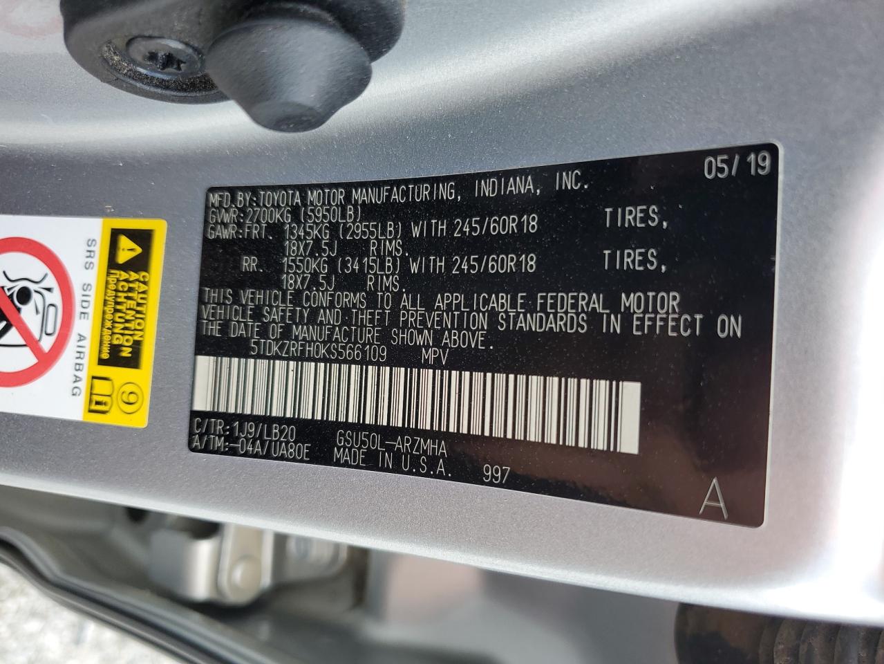 2019 Toyota Highlander Se VIN: 5TDKZRFH0KS566109 Lot: 64934505