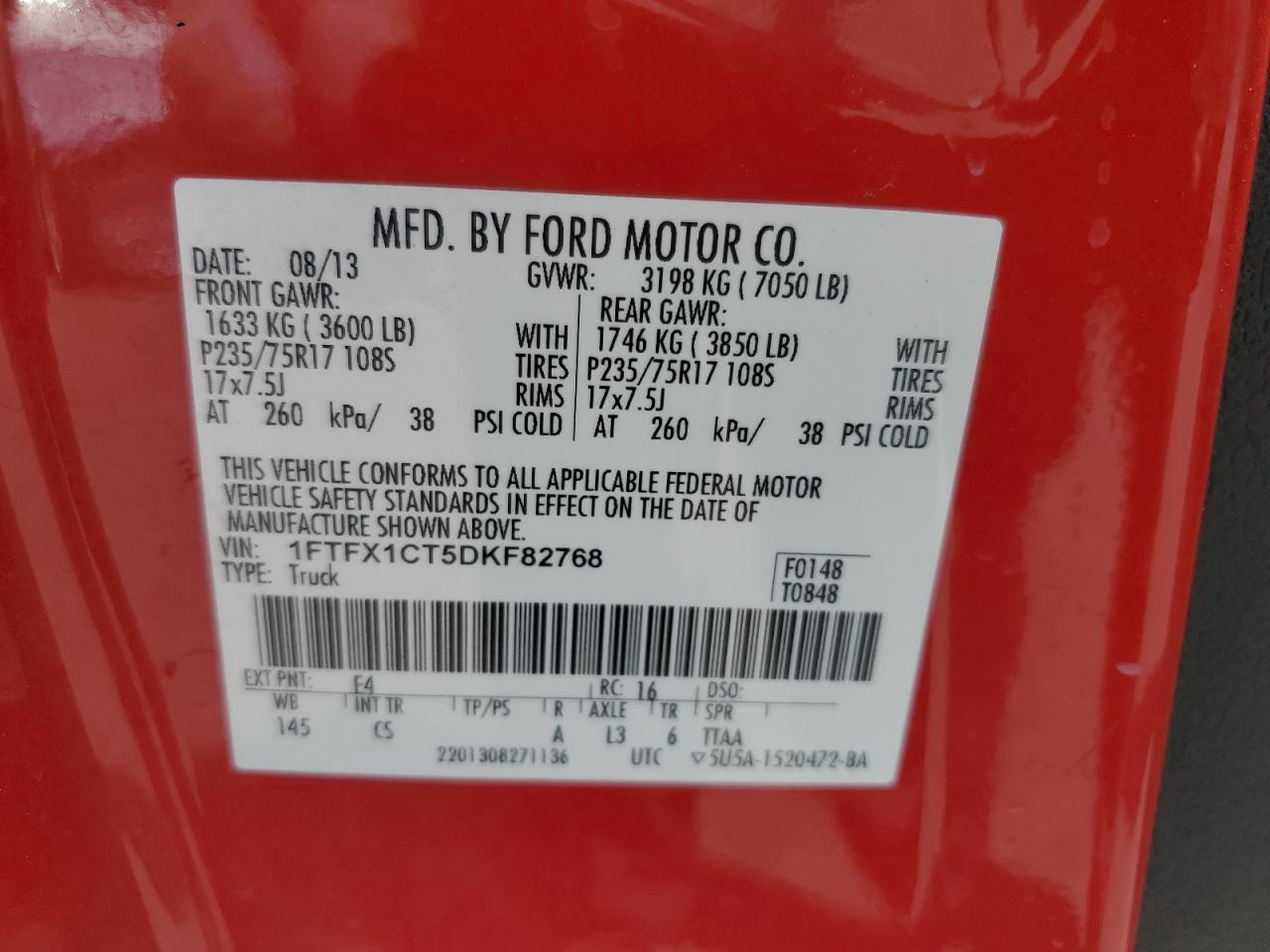 2013 Ford F150 Super Cab VIN: 1FTFX1CT5DKF82768 Lot: 65505275