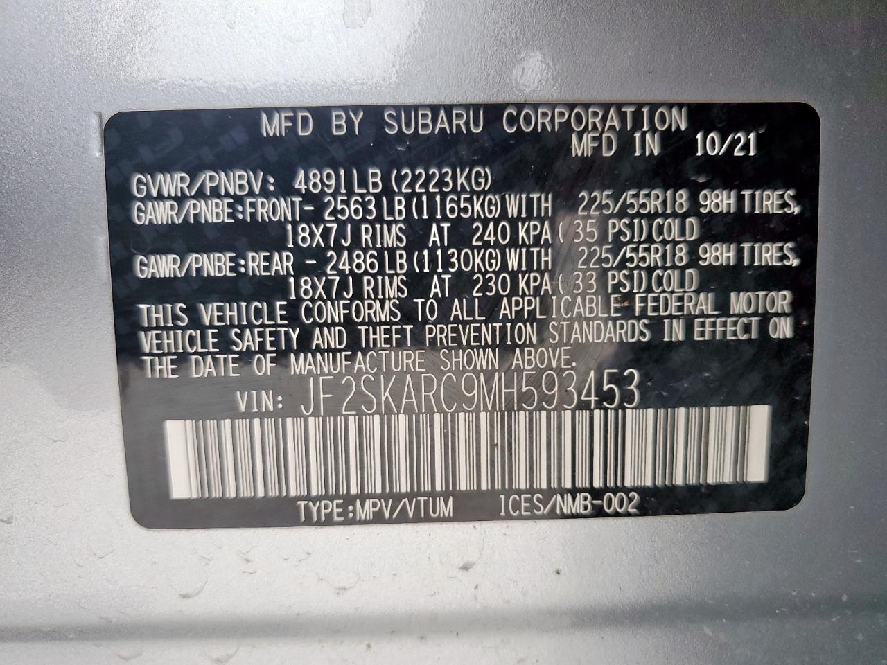 2021 Subaru Forester Sport VIN: JF2SKARC9MH593453 Lot: 63073415