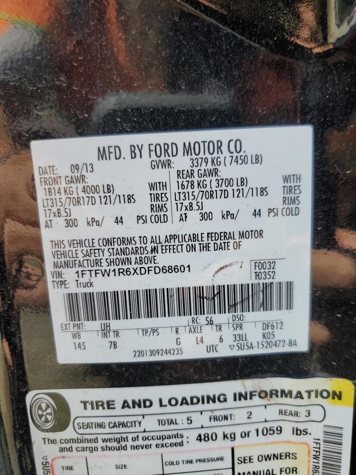 2013 Ford F150 Svt Raptor VIN: 1FTFW1R6XDFD68601 Lot: 62775515