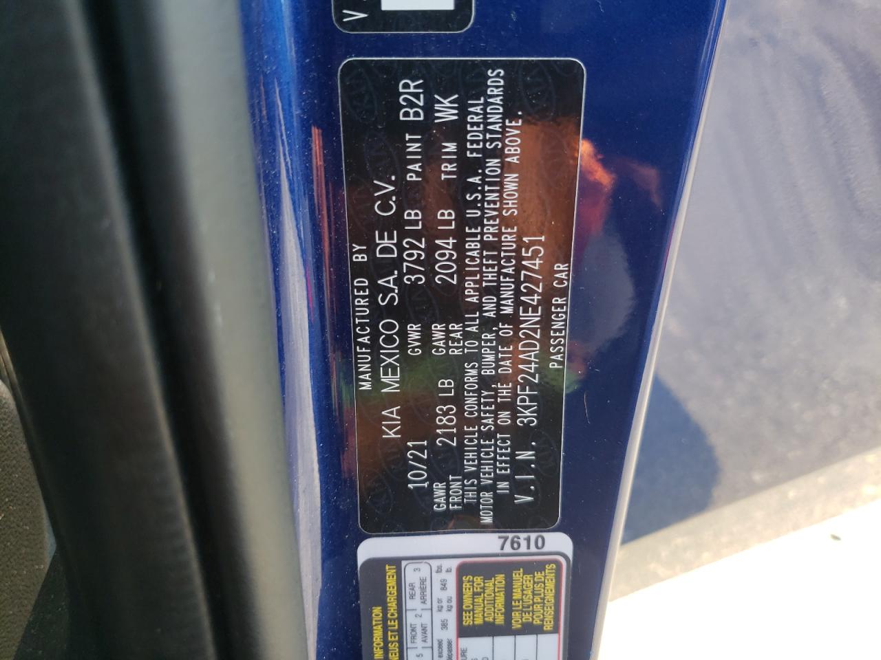 2022 Kia Forte Fe VIN: 3KPF24AD2NE427451 Lot: 66199955