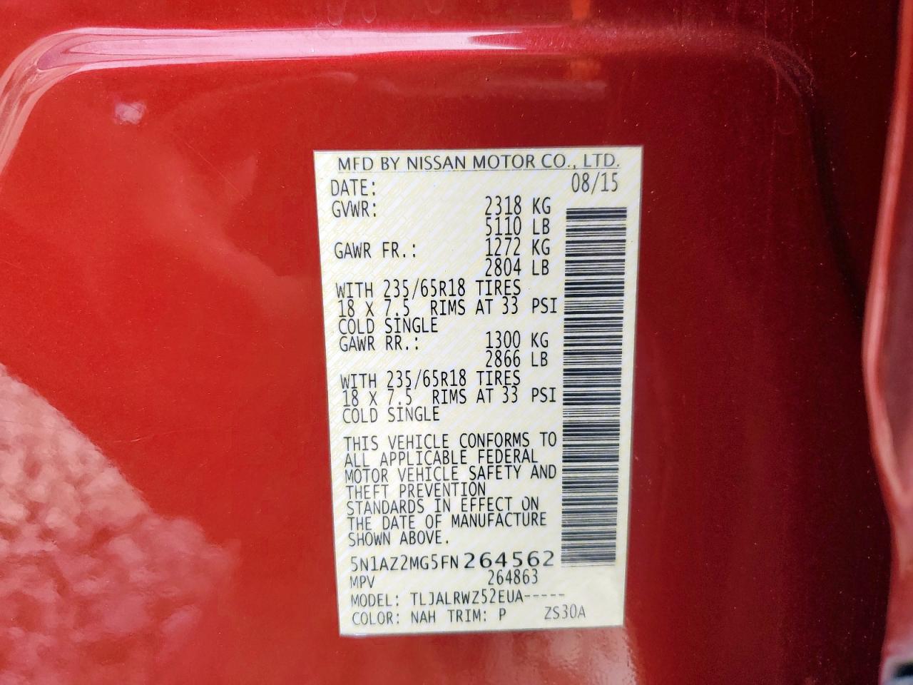 2015 Nissan Murano S VIN: 5N1AZ2MG5FN264562 Lot: 64858125