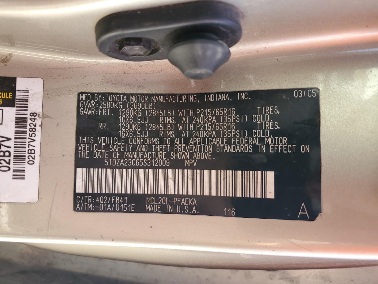 2005 Toyota Sienna Ce VIN: 5TDZA23C65S312009 Lot: 65253995