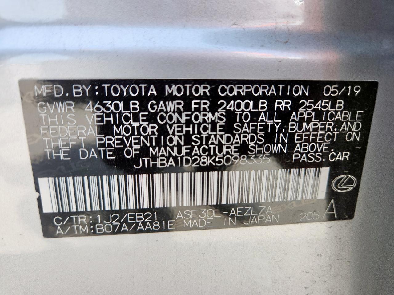2019 Lexus Is 300 VIN: JTHBA1D28K5098335 Lot: 63421365