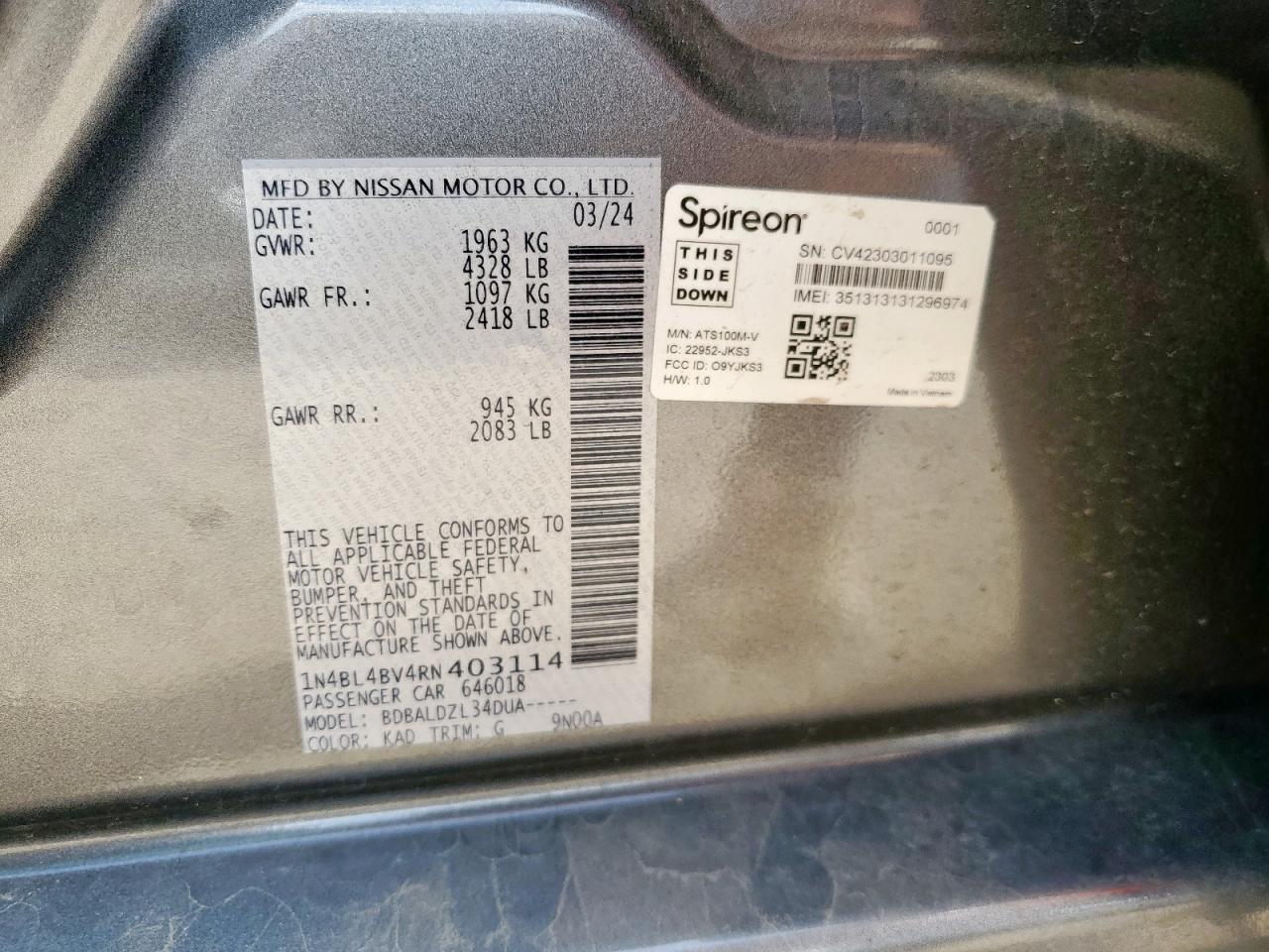 2024 Nissan Altima S VIN: 1N4BL4BV4RN403114 Lot: 63225925