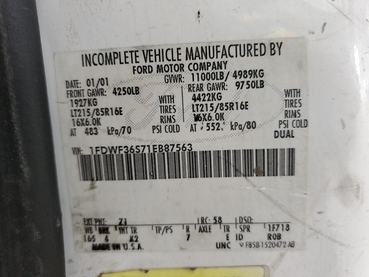 2001 Ford F350 Super Duty VIN: 1FDWF36S71EB87563 Lot: 64884965