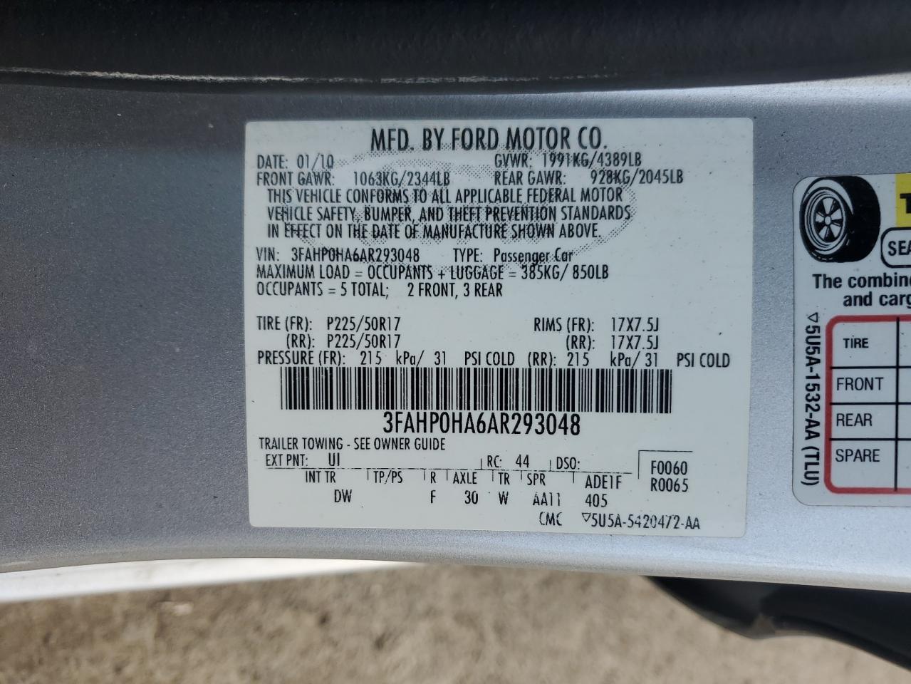 2010 Ford Fusion Se VIN: 3FAHP0HA6AR293048 Lot: 65473825