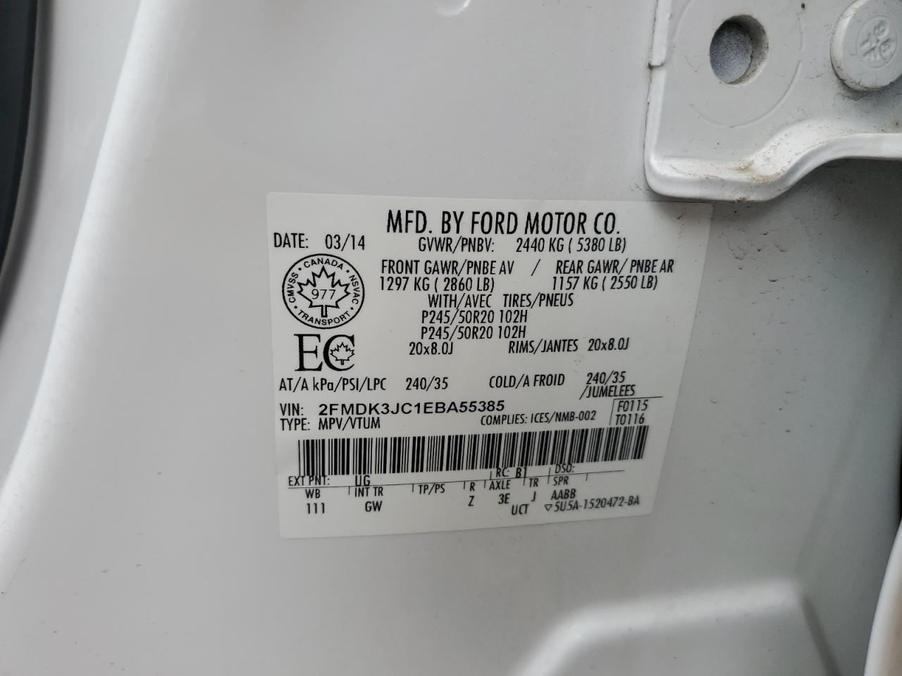 2014 Ford Edge Sel VIN: 2FMDK3JC1EBA55385 Lot: 65220695