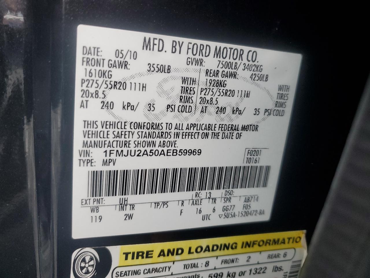 2010 Ford Expedition Limited VIN: 1FMJU2A50AEB59969 Lot: 63250185