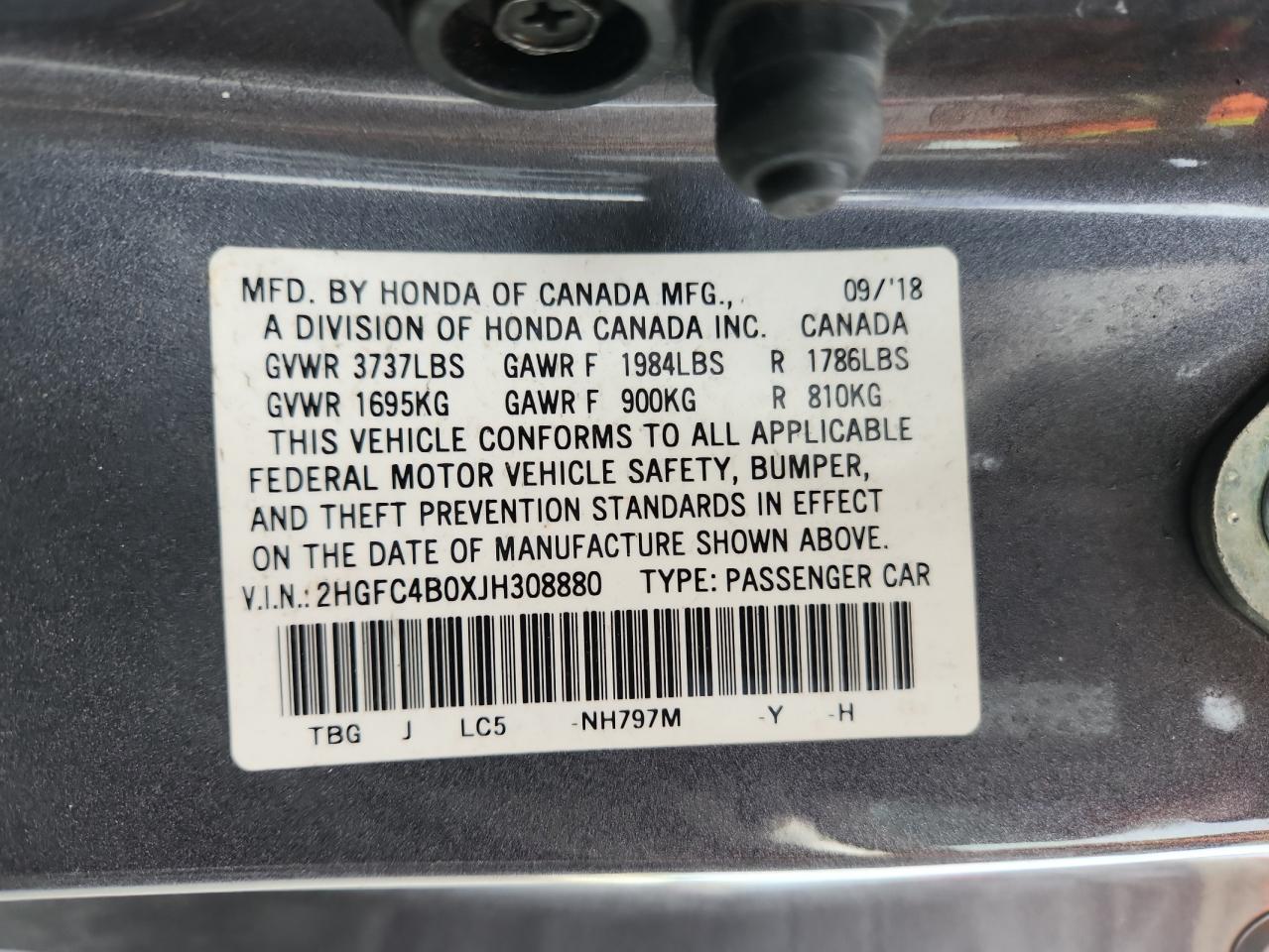 2018 Honda Civic Lx VIN: 2HGFC4B0XJH308880 Lot: 63925635