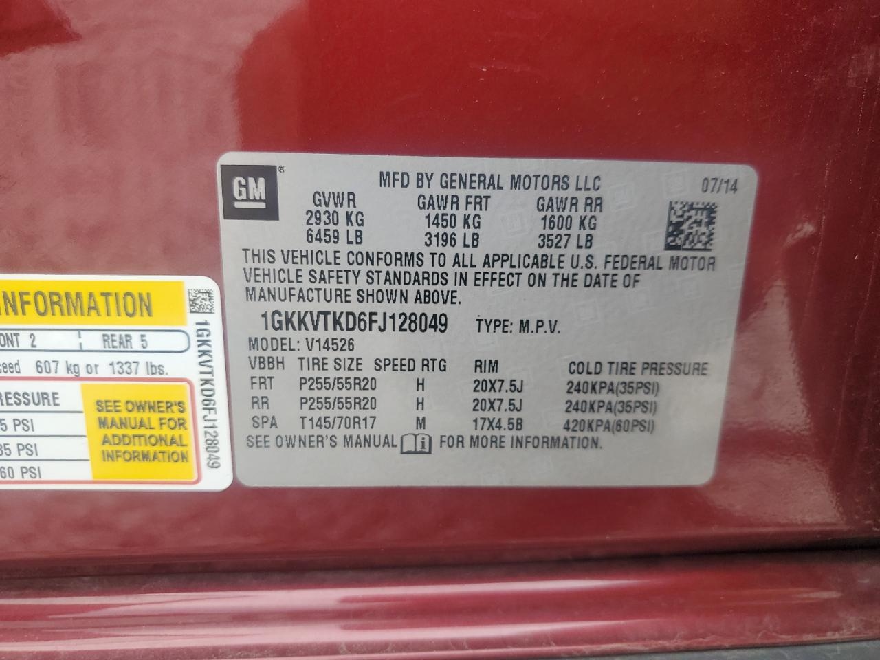 2015 GMC Acadia Denali VIN: 1GKKVTKD6FJ128049 Lot: 64112305