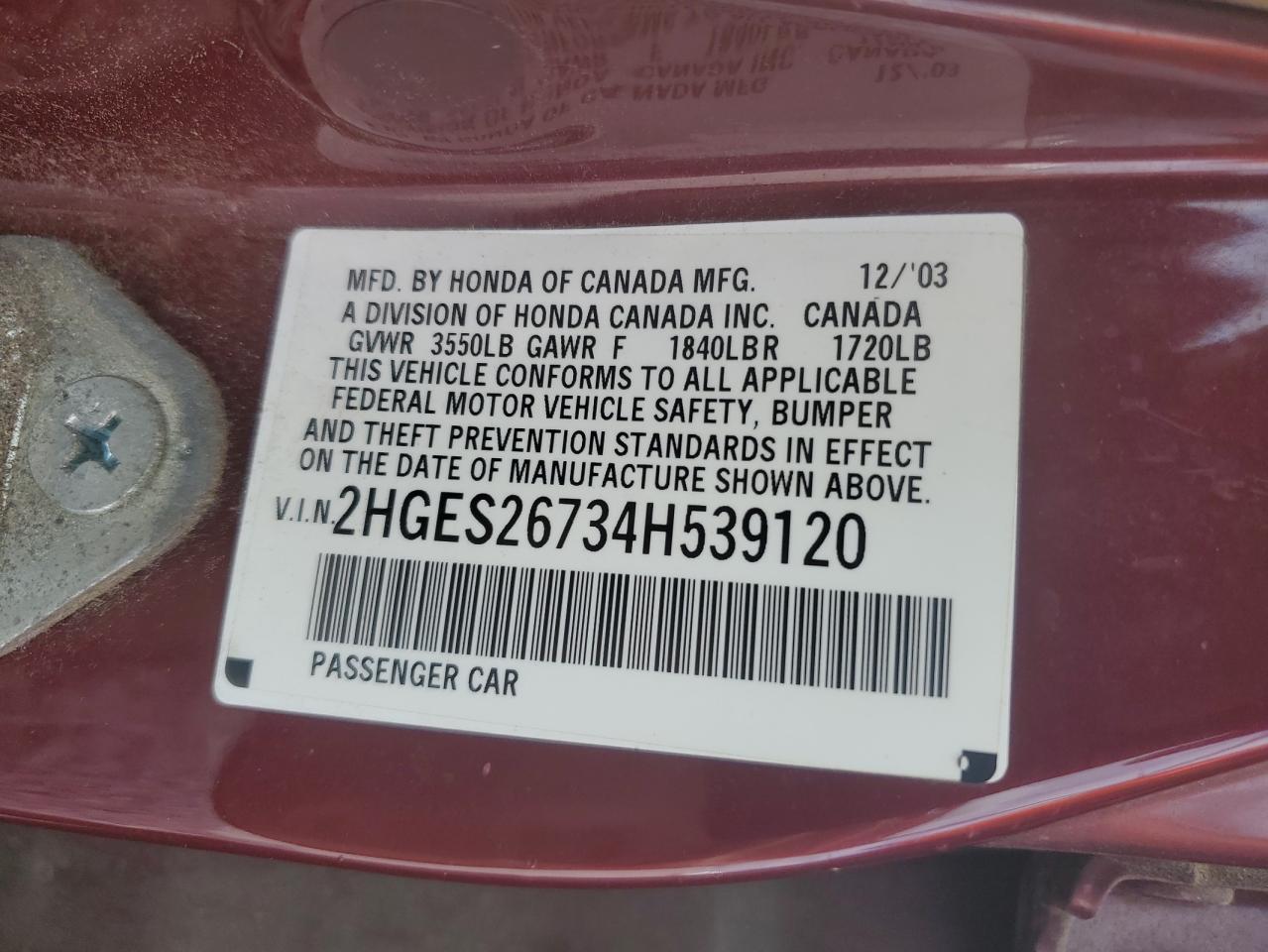 2004 Honda Civic Ex VIN: 2HGES26734H539120 Lot: 62112275