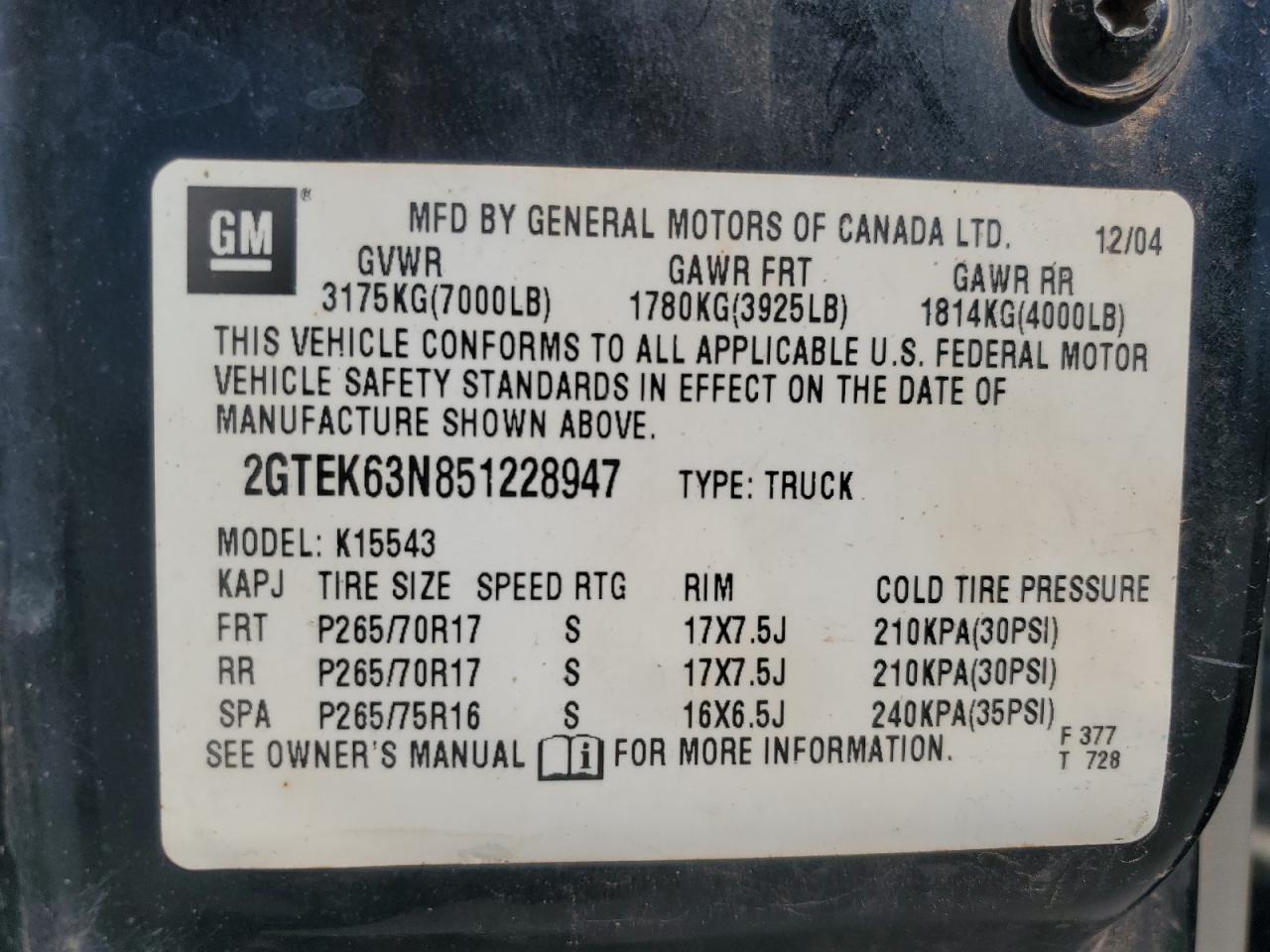 2005 GMC Sierra K1500 Denali VIN: 2GTEK63N851228947 Lot: 63993275