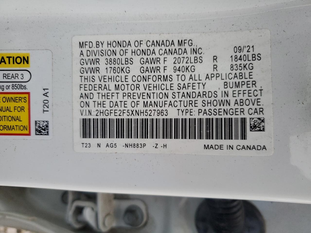 2022 Honda Civic Sport VIN: 2HGFE2F5XNH527963 Lot: 63011525