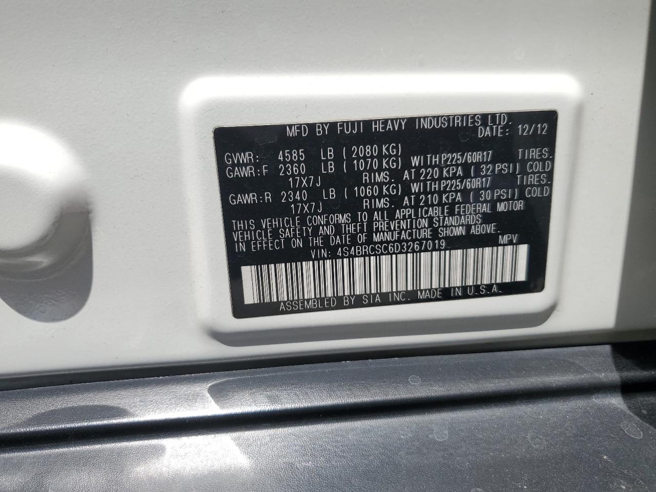 2013 Subaru Outback 2.5I Limited VIN: 4S4BRCSC6D3267019 Lot: 64285015
